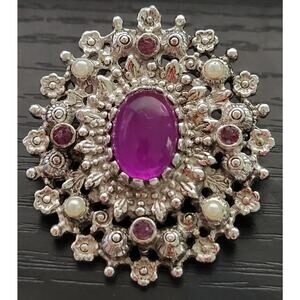 Sarah Coventry Brooch Pin Silver Pendant Purple Stones Small Pearls Sparkly Vtg